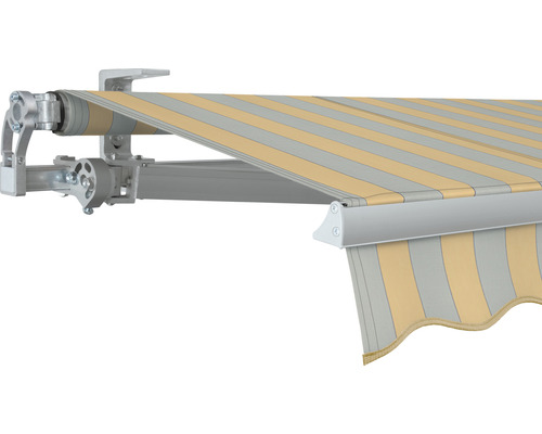 SOLUNA Gelenkarmmarkise Concept 4x2 Stoff Dessin 6676 Gestell Silber E6EV1 eloxiert Antrieb links inkl. Motor und Wandschalter Gestreifte Markise mit Aluminiumgestell