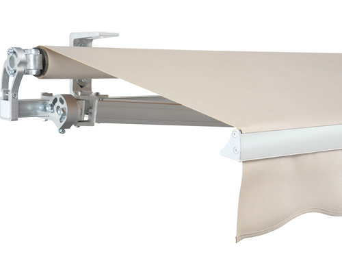 SOLUNA Gelenkarmmarkise Concept 4x2 Stoff Dessin 8902 Gestell Silber E6EV1 eloxiert Antrieb links inkl. Motor und Wandschalter Detailansicht einer Markise mit Aluminiumgestell und Stoff