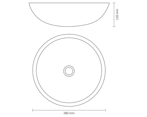 Dessin technique d''un lavabo à poser rond mesurant 280 x 120 millimètres.