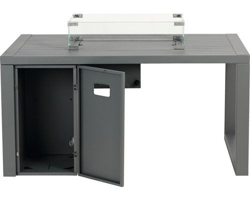 Grauer Terrassentisch mit Glaseinsatz und Tür zum Stauraum