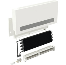 Vue éclatée d''un convecteur de radiateur avec boîtier de radiateur, radiateur, ventilateur, thermostat et vannes