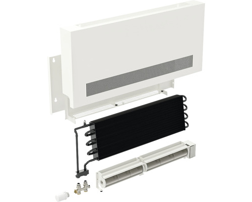 Vue éclatée d''un convecteur de radiateur avec boîtier de radiateur, radiateur, ventilateur, thermostat et vannes