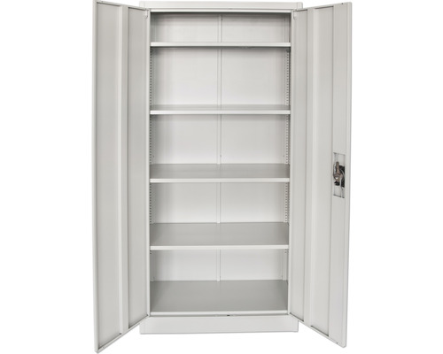 Offener Metallschrank mit mehreren Regalböden zur Aufbewahrung