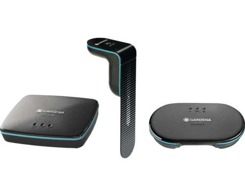 Système intelligent Gardena composé d''un capteur, d''une passerelle et d''un programmateur d''arrosage