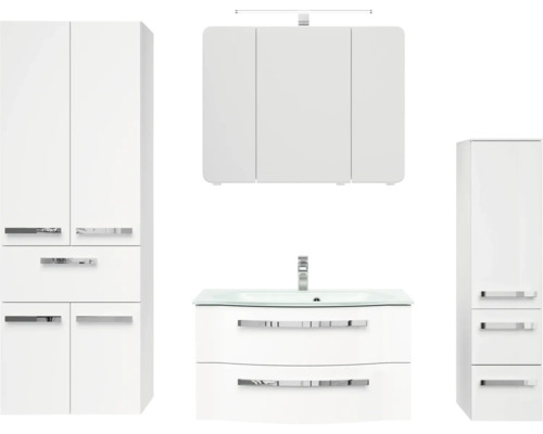 Badmöbel-Set Pelipal Serie 4005 BxHxT 182 x 200 x 49,1 cm Frontfarbe weiß hochglanz Badmöbelset 5-teilig und mehr mit Waschtisch Glas weiß und Glaswaschtisch Hochschrank Waschtischunterschrank Spiegelschrank mit LED-Beleuchtung
