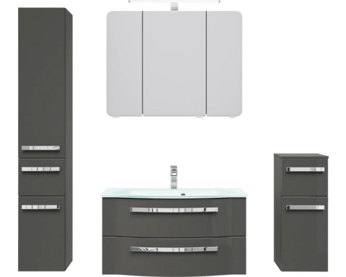 Badmöbelset Pelipal xpressline 4005 BxHxT 152 x 200 x 49,1 cm Frontfarbe grau hochglanz mit Waschtisch Glas weiß 4005.0900111123 Badezimmer Set mit Waschtischunterschrank, Spiegelschrank und Hochschränken
