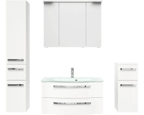 Meuble de salle de bains Pelipal xpressline 4005 152 x 200 x 49,1 cm façade blanc à haute brillance avec vasque en verre blanc avec lavabo en verre sous-vasque armoire de toilette lumineuse armoire haute meuble bas 4005.0900112112 Ensemble de salle de bains avec meuble sous-vasque, armoire suspendue et armoires hautes