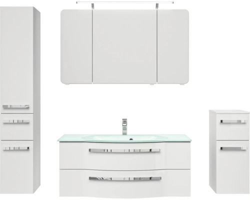 Meuble de salle de bains Pelipal xpressline 4005 180 x 200 x 49,1 cm façade blanc à haute brillance avec vasque en verre blanc avec lavabo en verre sous-vasque armoire de toilette lumineuse armoire haute meuble bas 4005.1200111112 Ensemble de salle de bains avec meuble sous-lavabo, lavabo, armoire de toilette et armoires hautes