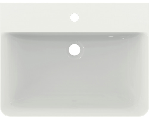 Vue de dessus d''un lavabo en céramique avec trou pour robinet et trop-plein