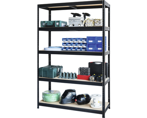 Regal mit fünf Ebenen und verschiedenen Werkzeugen und Zubehör
