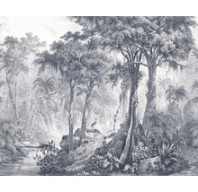 Illustration eines tropischen Waldes mit Bäumen, Pflanzen und einem Fluss