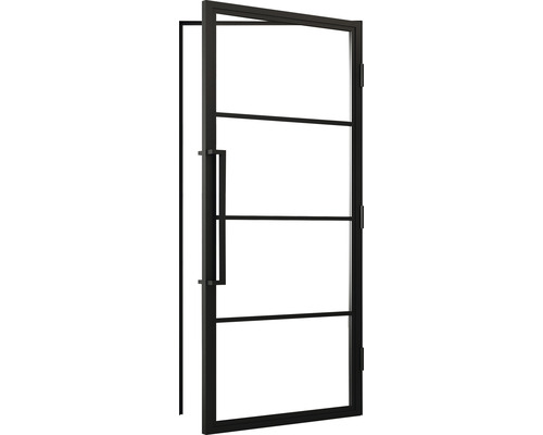 Schwarze Innentür mit vier Glasscheiben und einem Griff