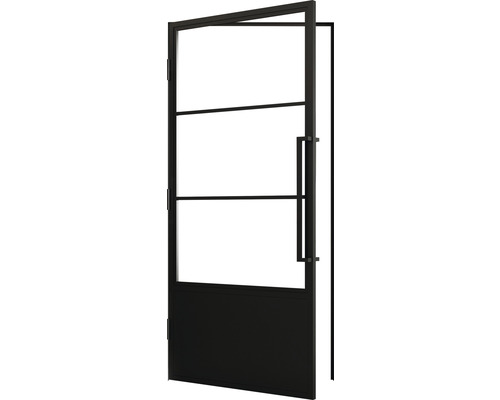 Schwarze Innentür mit drei Glasscheiben und einem Metallgriff