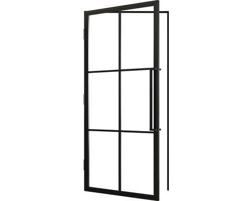 Offene Innentür mit Glas und Metallrahmen