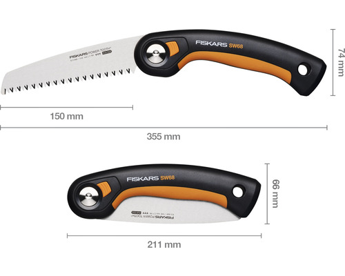 Scie pliante Fiskars SW68 ouverte et fermée avec indication des dimensions.
