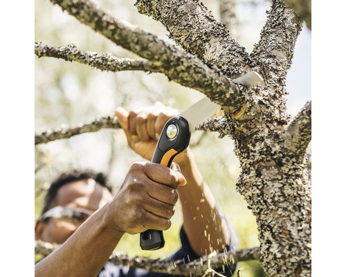 Personne coupant une branche avec une scie à branches
