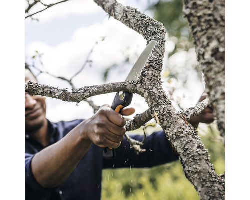 Une personne coupe une branche avec une scie à main.
