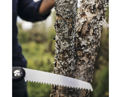 Gros plan d''une scie à main coupant une branche