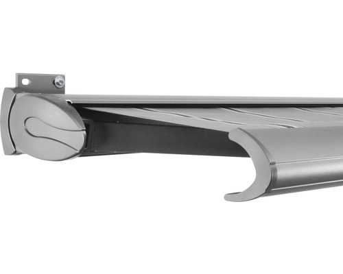 SOLUNA Kassettenmarkise Exclusiv 4,5x3 Stoff Dessin A131 Gestell E6EV1 silber eloxiert Antrieb links inkl. Motor und Wandschalter Markise im Detailansicht