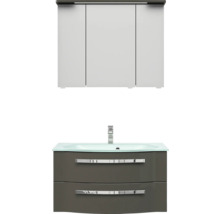 Badmöbelset 3-teilig Pelipal xpressline 4005 BxHxT 92 x 200 x 49,1 cm Frontfarbe grau hochglanz mit Waschtisch Glas weiß und Glaswaschtisch Waschtischunterschrank Spiegelschrank mit LED-Beleuchtung Griff chrom glanz 992.0900212 9920900212