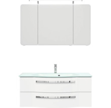 Badezimmermöbel-Set mit Spiegelschrank, Waschtisch mit Glasplatte und zwei Schubladen