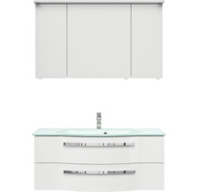 Badmöbelset 3-teilig Pelipal xpressline 4005 BxHxT 120 x 200 x 49,1 cm Frontfarbe weiß hochglanz mit Waschtisch Glas weiß und Glaswaschtisch Waschtischunterschrank Spiegelschrank mit LED-Beleuchtung Griff chrom glanz 992.1200211 9921200211