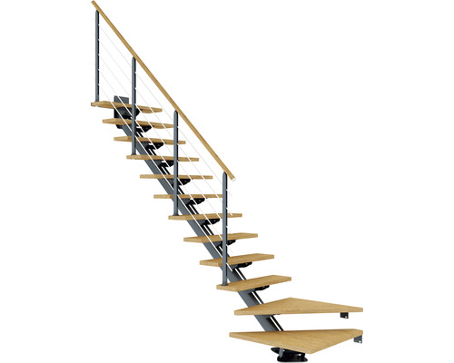 Pertura Mittelholmtreppe Zelos Anthrazit 1/4 gewendelt unten links/rechts 75 cm Eiche Lackiert 11 Stufen / 12 Steigungen Raumspartreppe mit Holzstufen, Metallstruktur und Geländer mit Stahlseilen