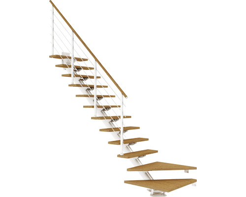 Pertura Mittelholmtreppe Zelos Weiß 1/4 gewendelt unten links/rechts 75 cm Eiche Lackiert 11 Stufen / 12 Steigungen Treppe mit Holzstufen und Geländer mit Stahlseilen