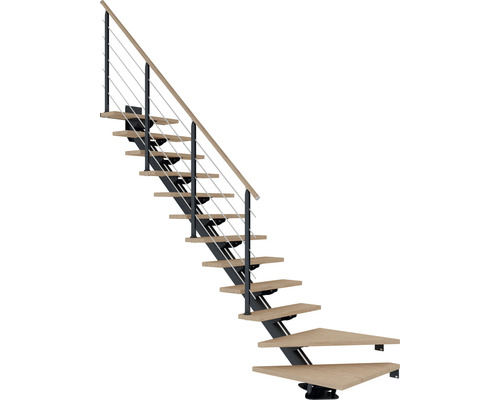Pertura Mittelholmtreppe Zelos Anthrazit 1/4 gewendelt unten links/rechts 75 cm Eiche Lackiert 11 Stufen / 12 Steigungen Treppe mit Holzstufen, Metallpfosten und Edelstahlseilen