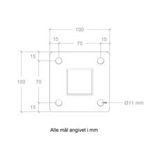 Technische Zeichnung einer quadratischen Halterung mit Maßen in Millimetern.