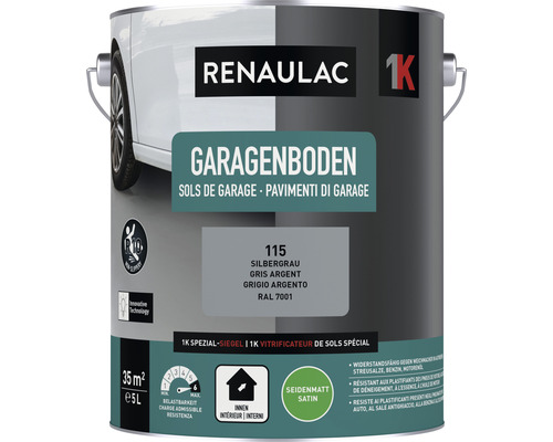 Peinture pour garage RENAULAC mat satiné gris argent 5 l Pot de peinture Renaulac pour sol de garage gris argenté, 5 litres