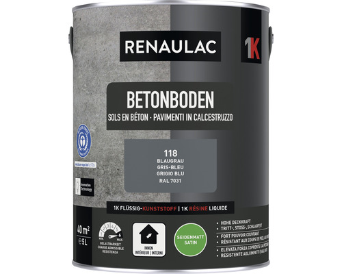 Peinture pour sol en béton RENAULAC mat satiné bleu gris 5 l Renaulac primaire pour béton en pot de peinture, gris bleu, satiné, 5 litres