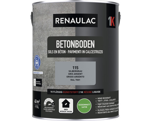Peinture pour sol en béton RENAULAC mat satiné argent 5 l Peinture pour sol béton Renaulac, gris argent, pot de 5 litres