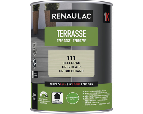 RENAULAC Terrassenfarbe seidenmatt hellgrau 1 l Renaulac Terrasse Holzlack Dose, Farbton Hellgrau, seidenglänzend