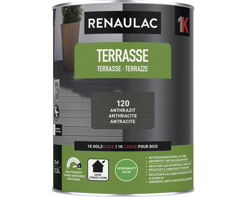 RENAULAC Terrassenfarbe seidenmatt anthrazit 2.5 l Renaulac Holzlack für Terrassen, Anthrazit, seidenmatt, 2,5 Liter Dose