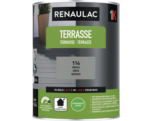 Peinture pour terrasse RENAULAC mat satiné gris 2.5 l Renaulac Terrasse Lasure pour bois grise, boîte de 2,5 litres