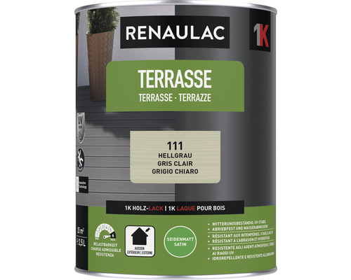 Peinture pour terrasse RENAULAC mat satiné gris clair 2.5 l Renaulac Lasure Bois Terrasse, gris clair, boîte de 2,5 litres