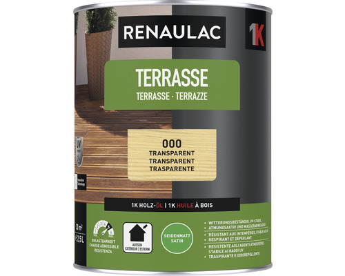 Huile pour terrasse RENAULAC mat satiné transparent 2.5 l Huile pour bois pour terrasse Renaulac, transparente, satinée, 2,5 litres
