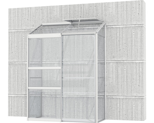 Serre murale en verre et métal avec étagères pour la culture de plantes.