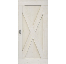 Porte en bois de style grange avec design en forme de X et poignée noire
