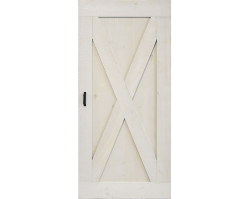 Porte en bois de style grange avec design en forme de X et poignée noire