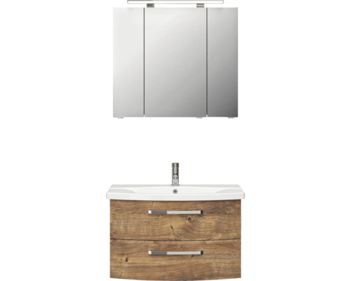 Badmöbel-Set Pelipal Serie 4010 BxHxT 84 x 200 x 45 cm Frontfarbe eiche ribbeck Badmöbelset 4-teilig mit Waschtisch Spiegelschrank mit LED-Beleuchtung Waschtischkombination mit Spiegelschrank und zwei Schubladen