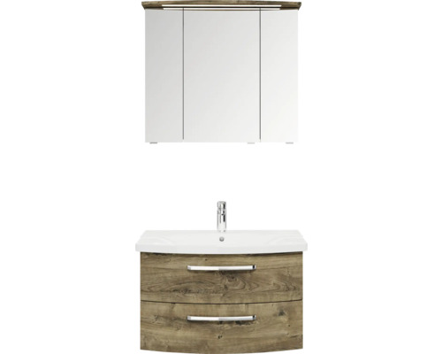 Meuble de salle de bains 3 pièces Pelipal xpressline 4010 84 x 200 x 45 cm façade chêne ribbeck décor bois avec vasque en céramique blanc avec lavabo céramique sous-vasque armoire de toilette lumineuse 4010.0800269