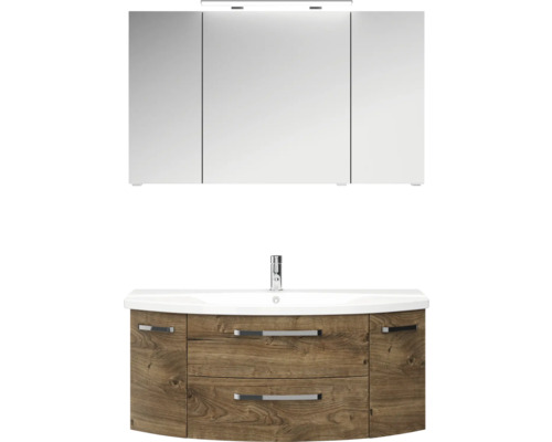 Meuble de salle de bains 3 pièces Pelipal xpressline 4010 120,5 x 200 x 48 cm façade chêne ribbeck décor bois avec vasque en céramique blanc avec lavabo céramique sous-vasque armoire de toilette lumineuse 4010.1200169