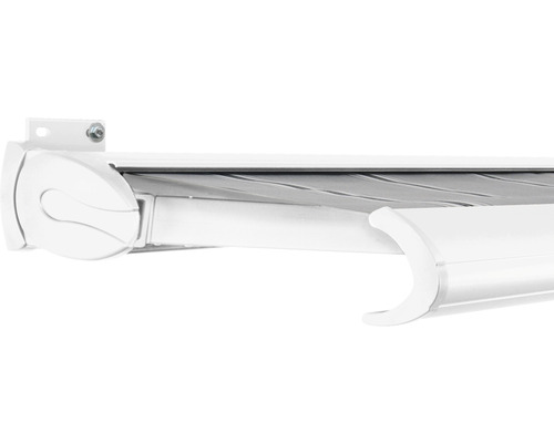 SOLUNA Kassettenmarkise Exclusiv 4,5x1,5 Stoff Dessin A131 Gestell RAL 9010 verkehrsweiß Antrieb links inkl. Motor und Wandschalter Detailansicht einer Markise mit Halterung