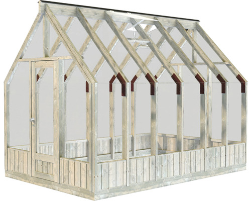 Gewächshaus mit Holzrahmen und transparenten Scheiben.