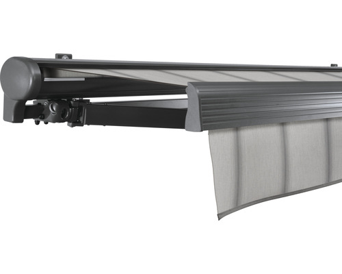 Store banne semi-coffre SOLUNA Comfort 4x2 dessin D420 châssis RAL 7016 gris anthracite entraînement à gauche avec manivelle Store de terrasse pour l''extérieur