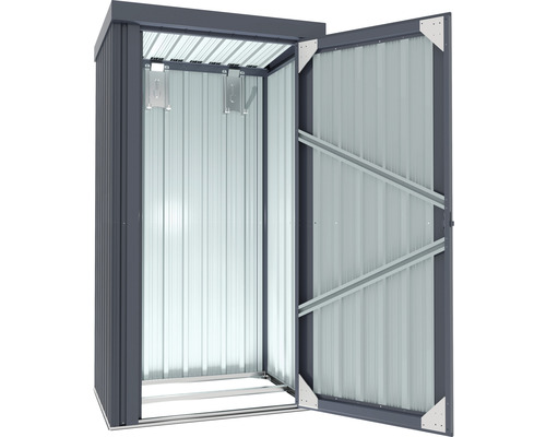 Offener Geräteschuppen aus Metall mit Regalen für Gartengeräte