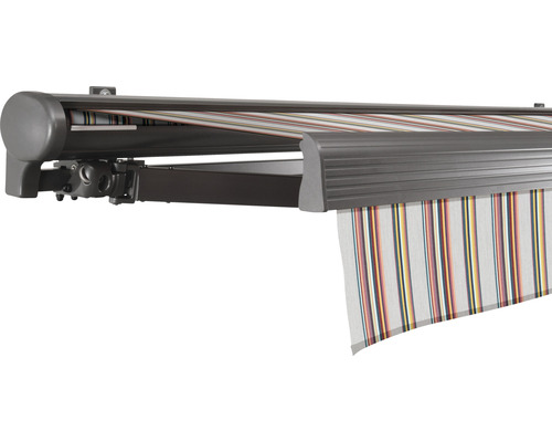 SOLUNA Halbkassettenmarkise Comfort 4,5x4 Dessin D421 Gestell DB703 dunkelgrau Antrieb links inkl.Motor, Sonnen und Windwächter,Wandschalter Markise mit Streifenmuster für den Aussenbereich