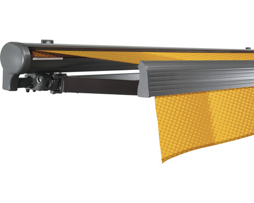 SOLUNA Halbkassettenmarkise Comfort 3,5x2,5 Dessin J200 Gestell DB703 dunkelgrau Antrieb links inkl.Motor, Sonnen und Windwächter,Wandschalter Gelenkarmmarkise mit Stoffmuster aus Aluminium und Textil